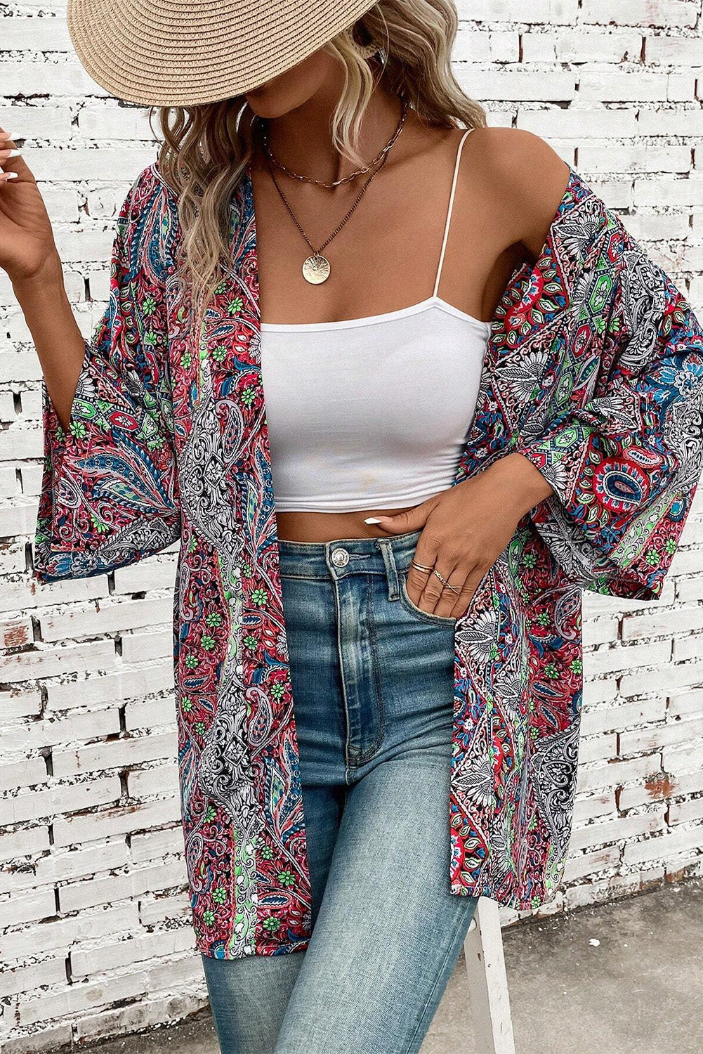 Chic red paisley kimono for effortless layering