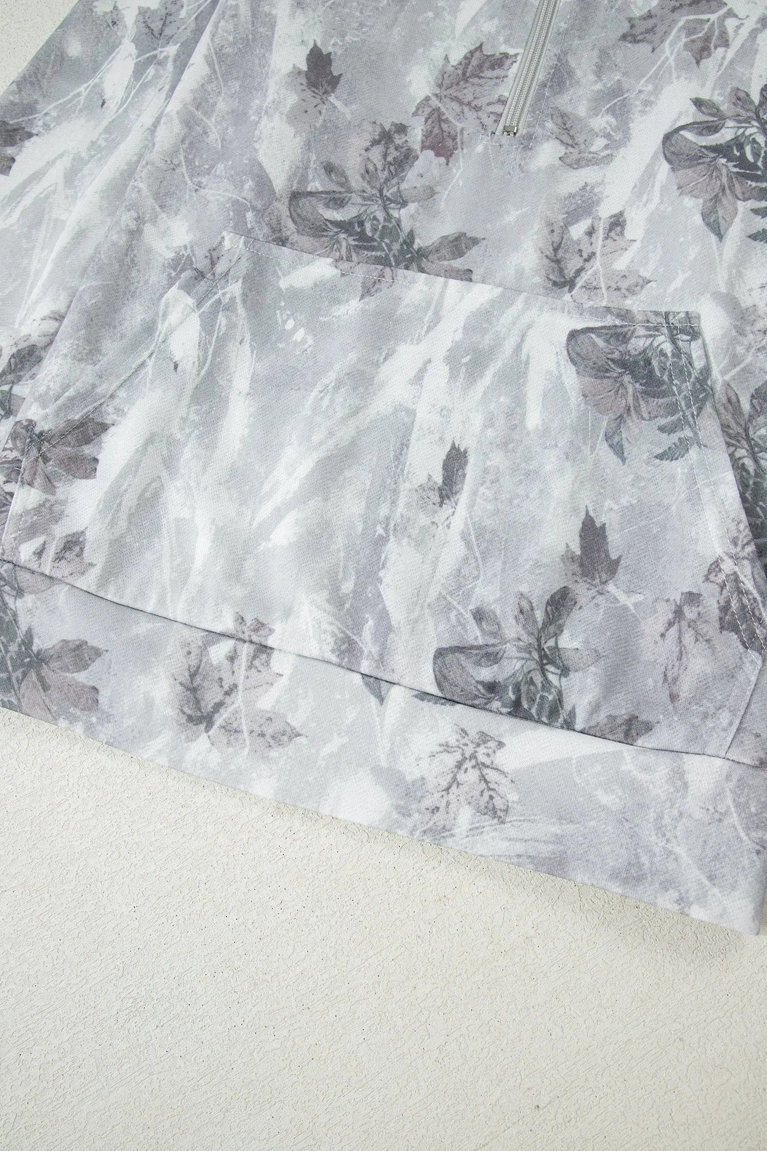 Gray Camo Leaf Print Kangaroo Pocket Quarter Zip Hoodie Dear-Lover Dropshipping
