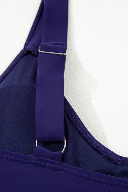 Navy Blue Adjustable Straps Cutout Ruched Knot Slit Swim Dress