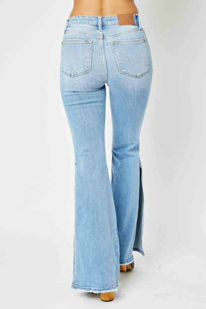 Judy Blue Full Size Mid Rise Raw Hem Slit Flare Jeans.