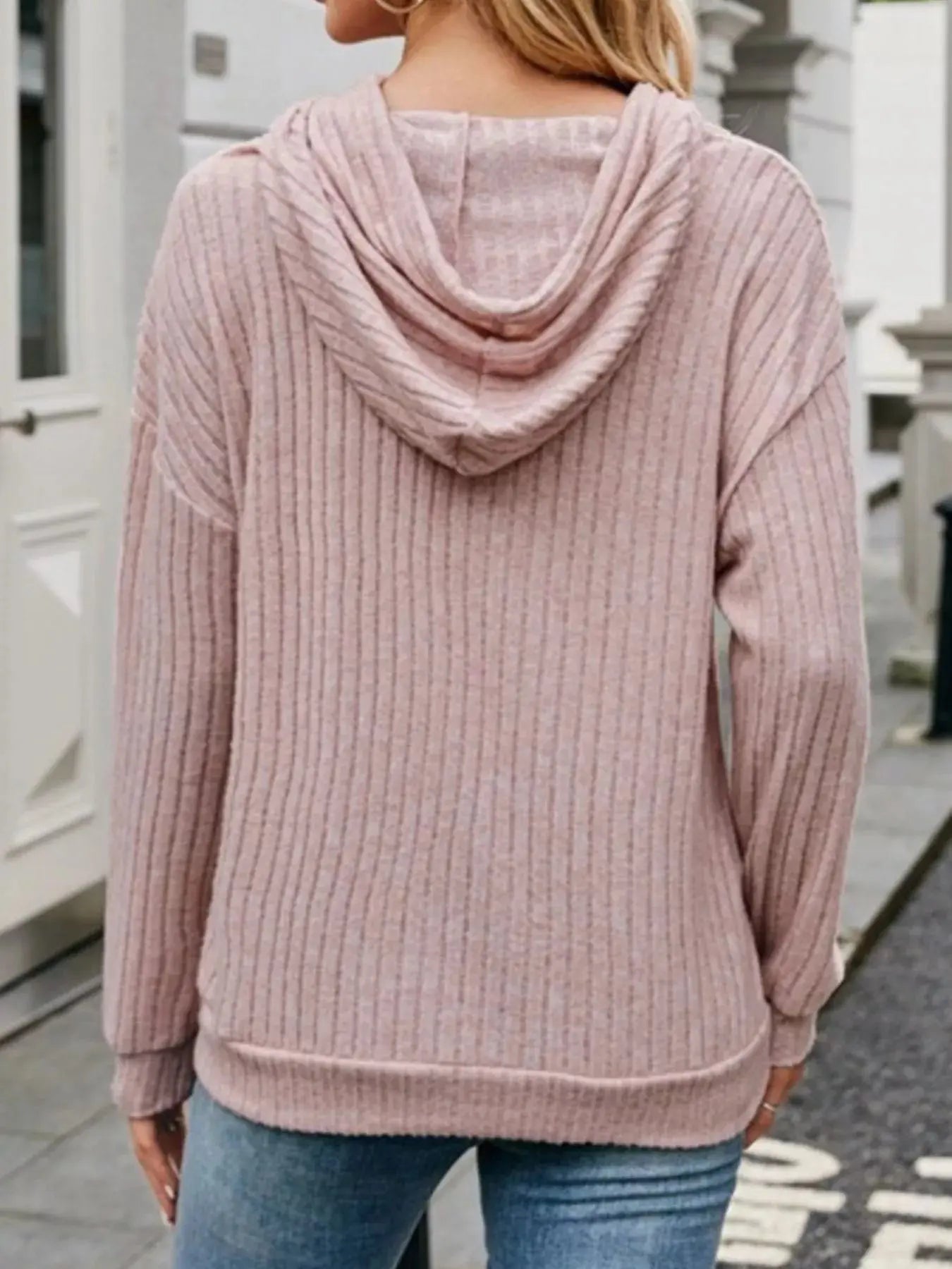 Casual Ribbed Knit Hoodie With Drawstring Front Pocket Simply Love