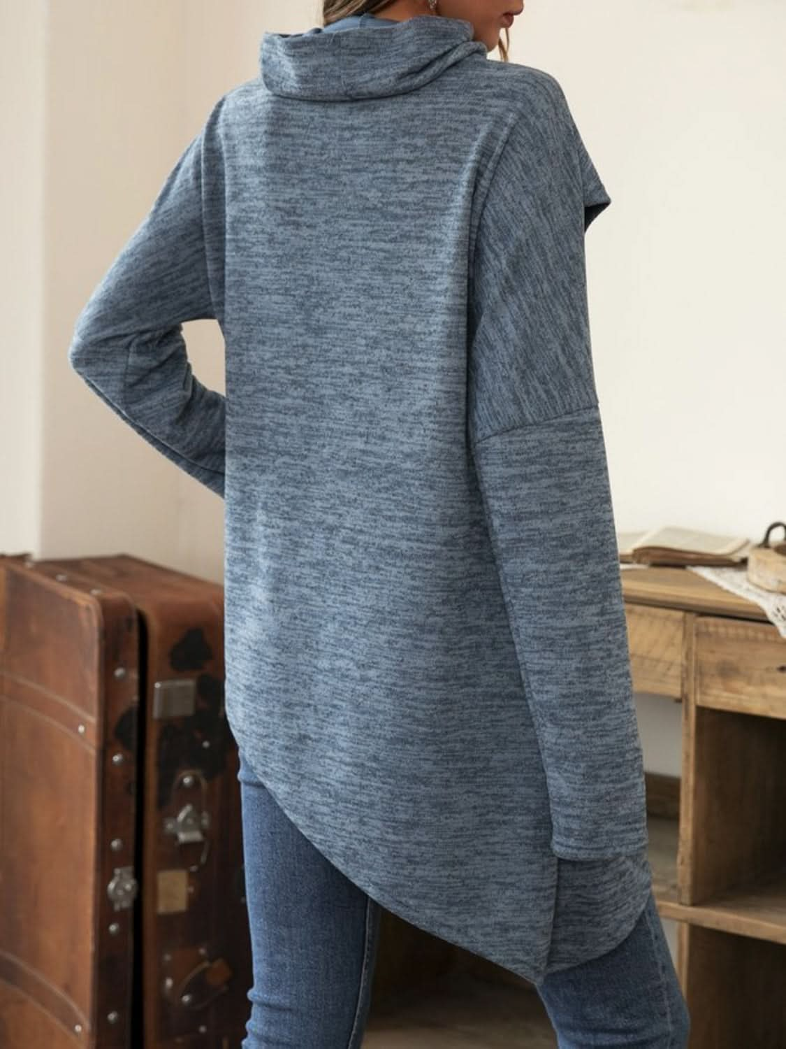 Asymmetrical hem cowl neck tee