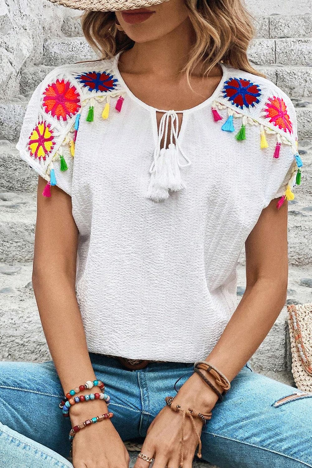 Tassel Tie Neck Short Sleeve Blouse.