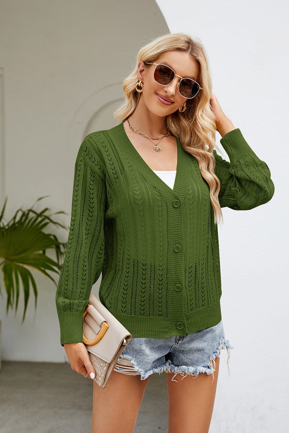 Openwork Button Front V-Neck Cardigan.