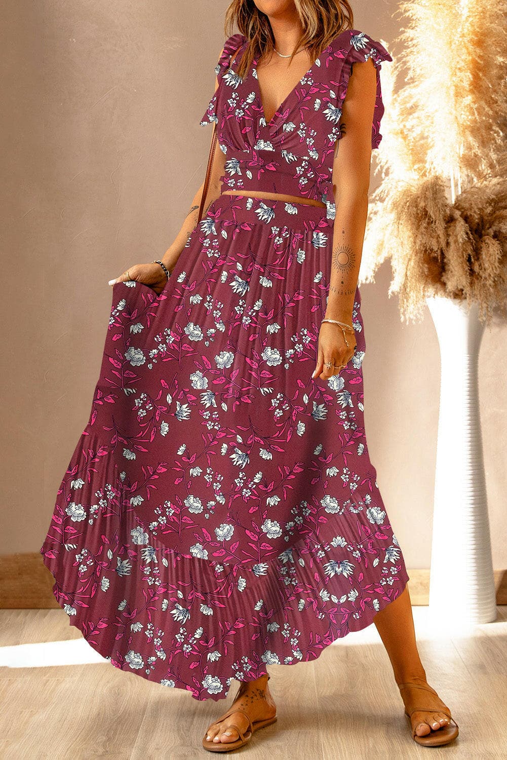 Printed Tie Back Cropped Top and Maxi Skirt Set.