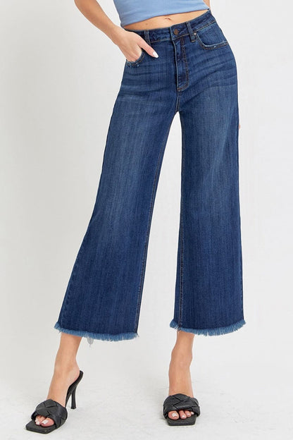 RISEN Full Size Raw Hem Cropped Wide Leg Jeans.