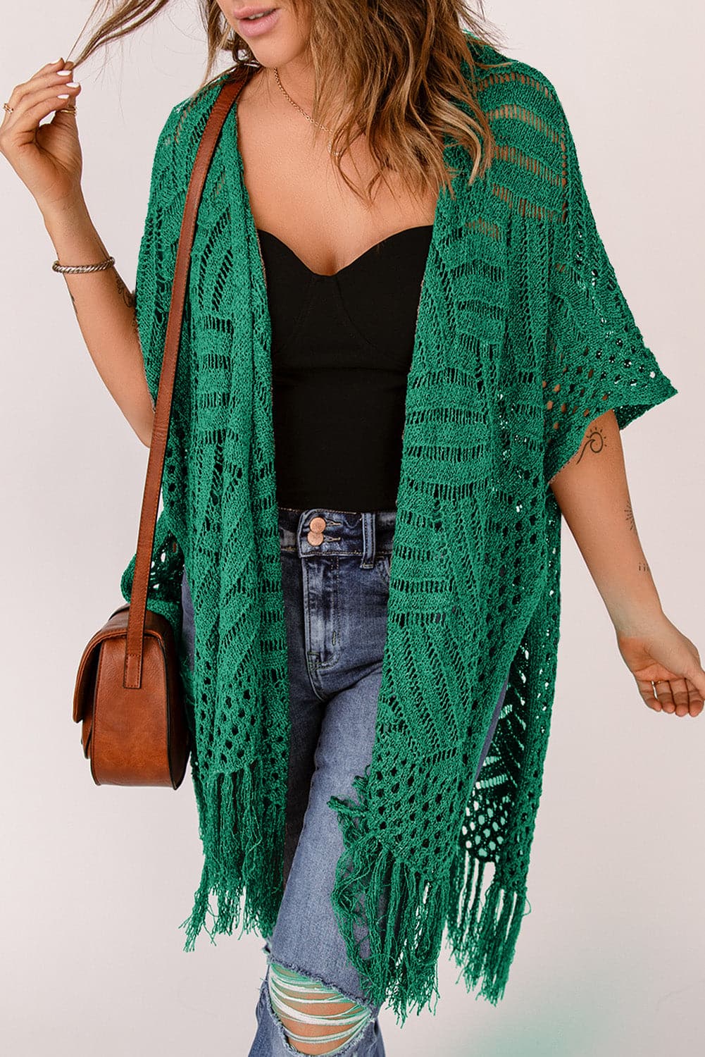 Openwork Open Front Cardigan with Fringes.