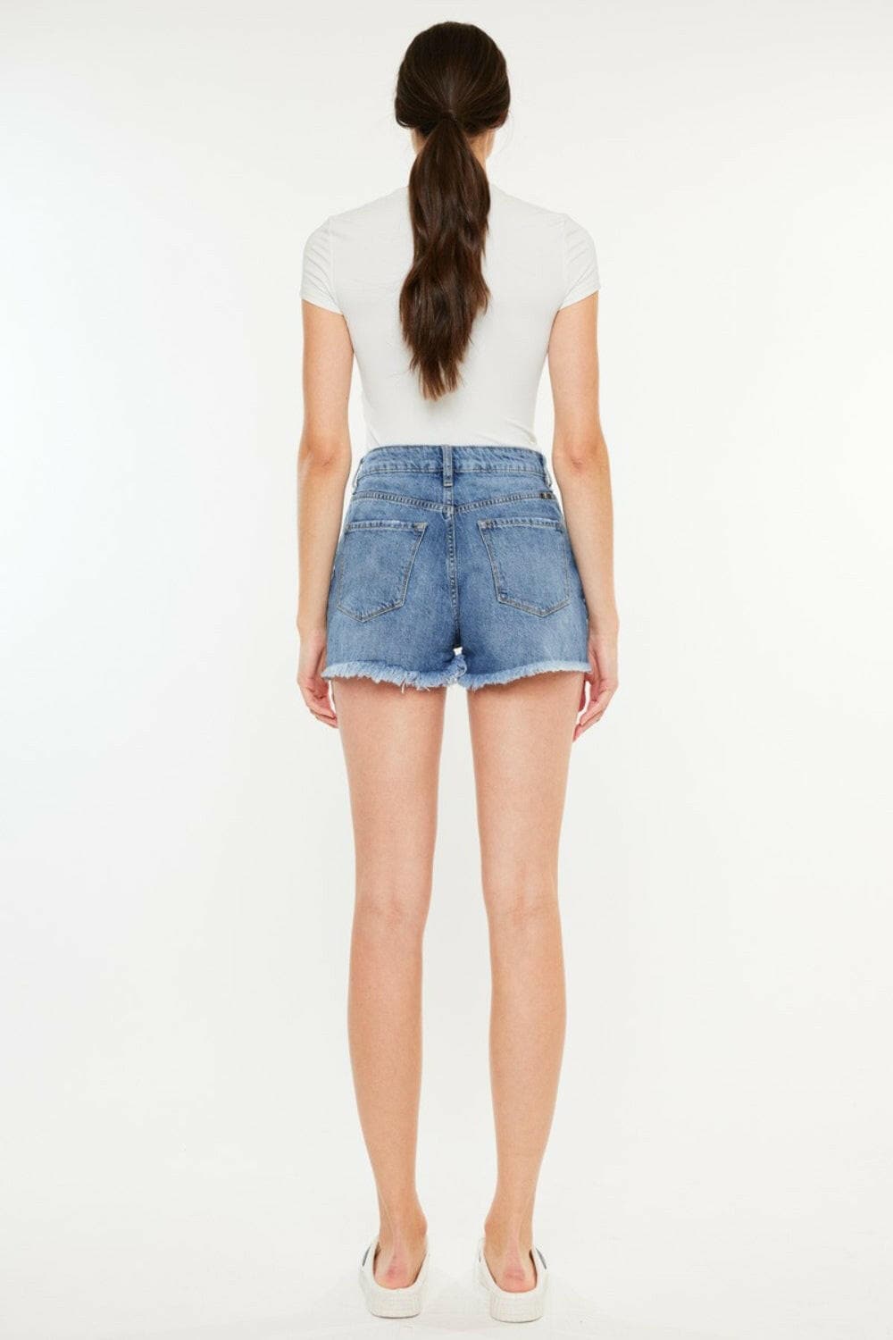 Kancan Distressed Raw Hem High Waist Denim Shorts.