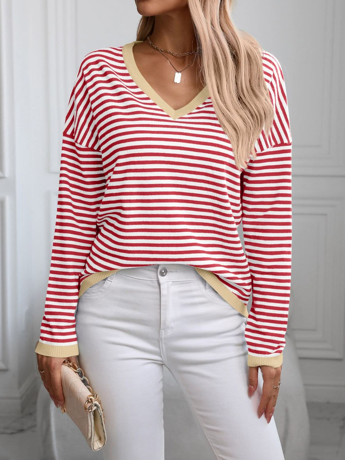 V-neck striped knit top with trim