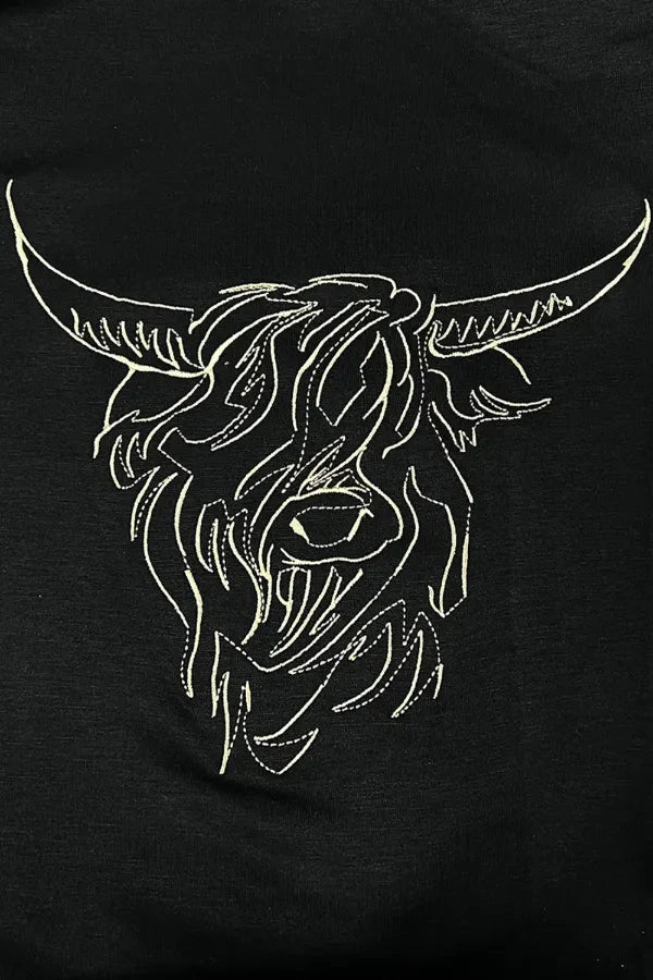 Bull Head Embroidered Round Neck T Shirt Simply Love
