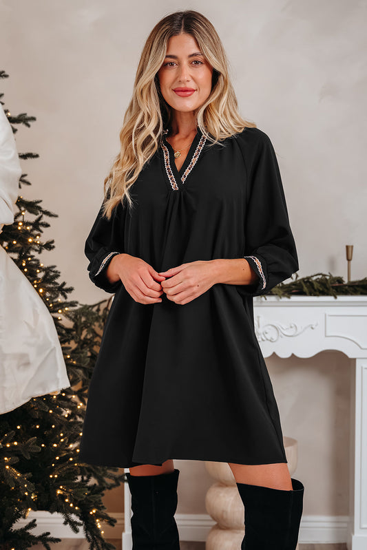Black Contrast Trim V Neck Bracelet Sleeve Shift Mini Dress For Women Casual Party Wear Dear-Lover Dropshipping