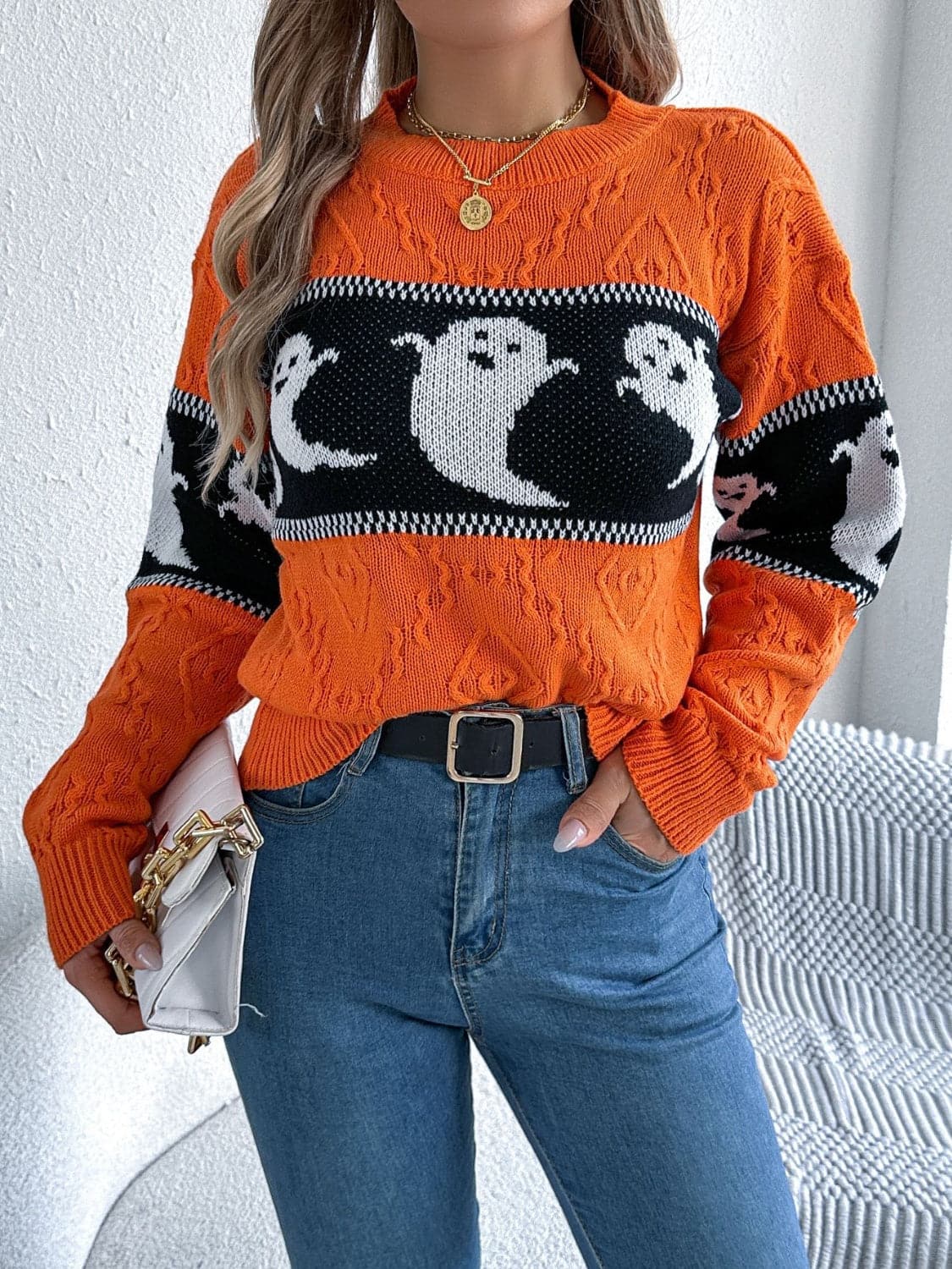 Cozy ghost long sleeve sweater with round neck