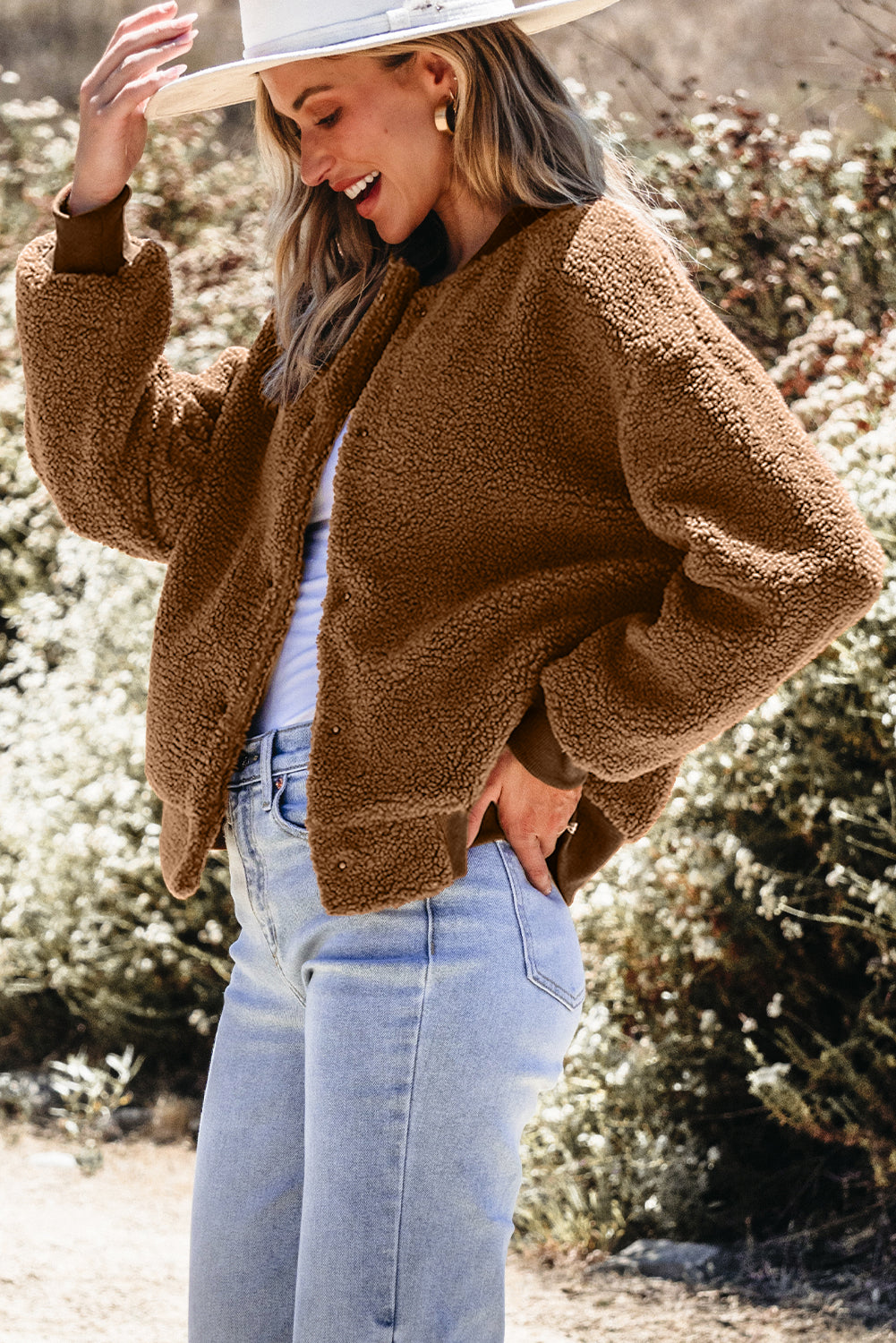 Redwood burl sherpa bomber jacket with baseball collar