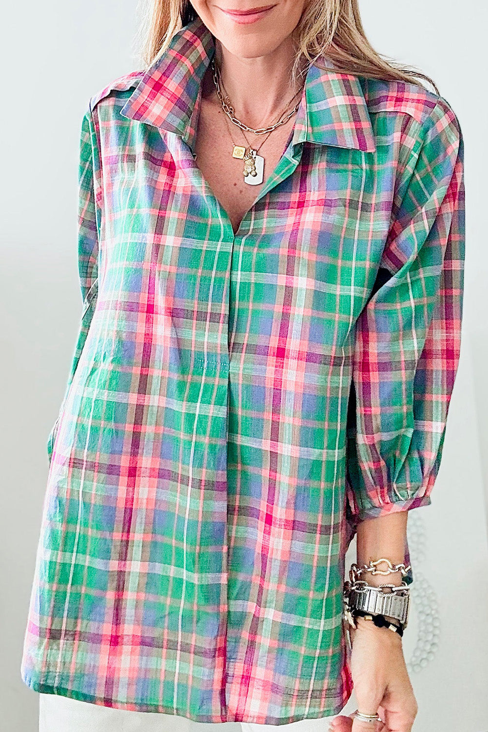 Casual green plaid 3/4 sleeve button-up shirt