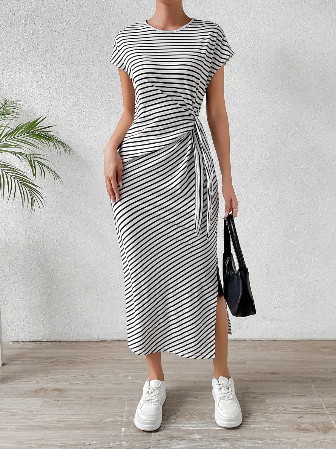 Tied Striped Round Neck Short Sleeve Tee Dress.