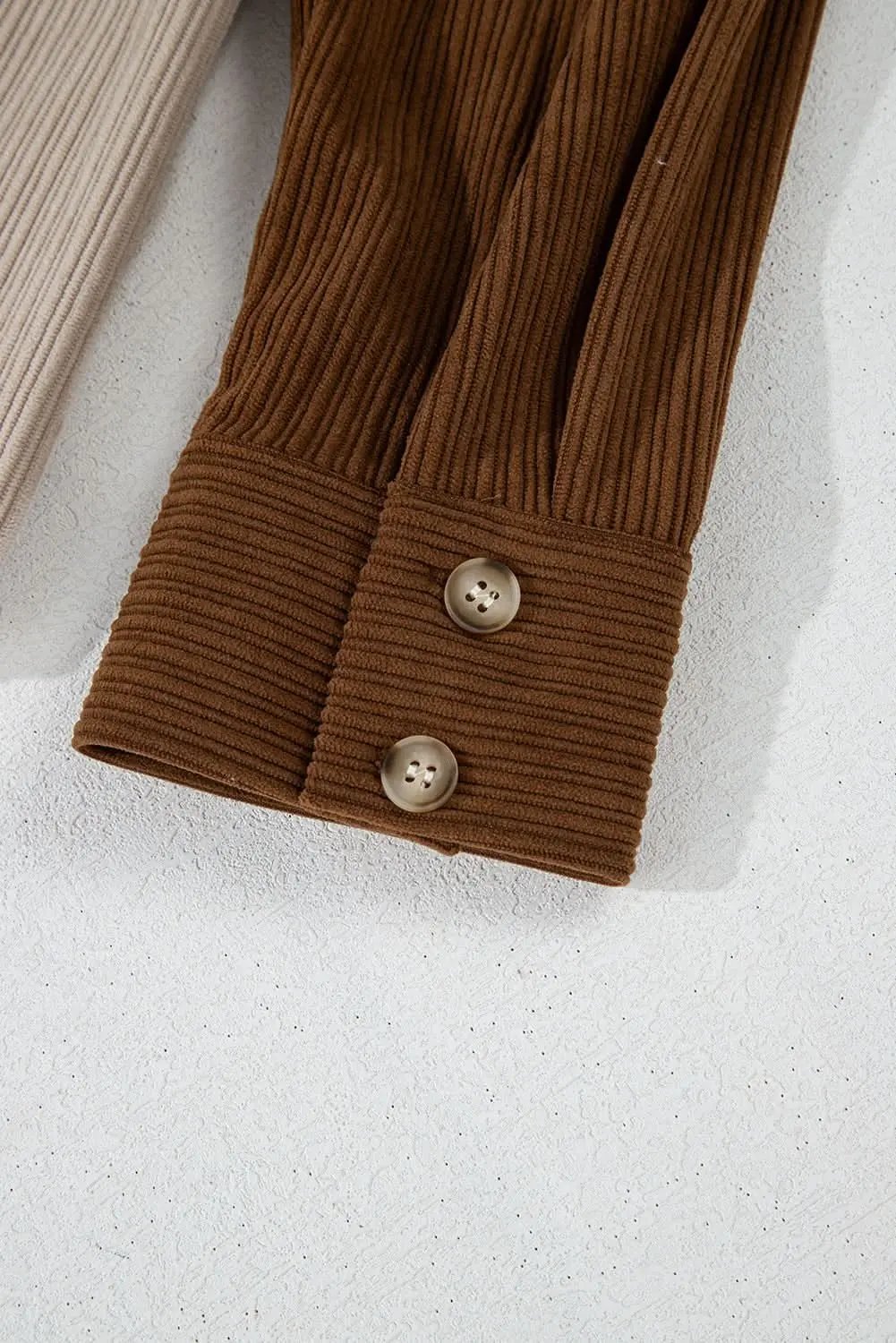 Brown Color Block Chest Pockets Buttoned Corduroy Shacket - Love Salve 