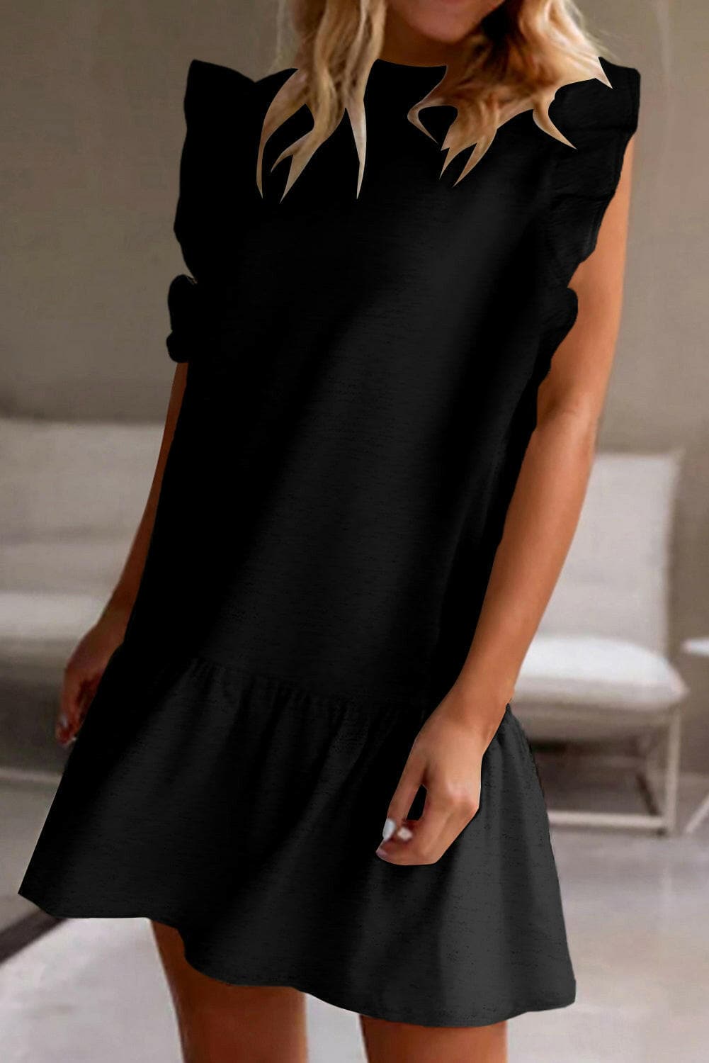 Ruffled Round Neck Cap Sleeve Mini Dress.