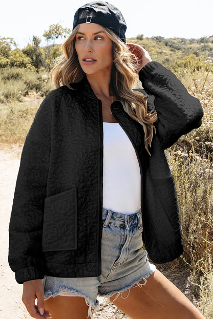 Floral quilted black jacket with oversized fit