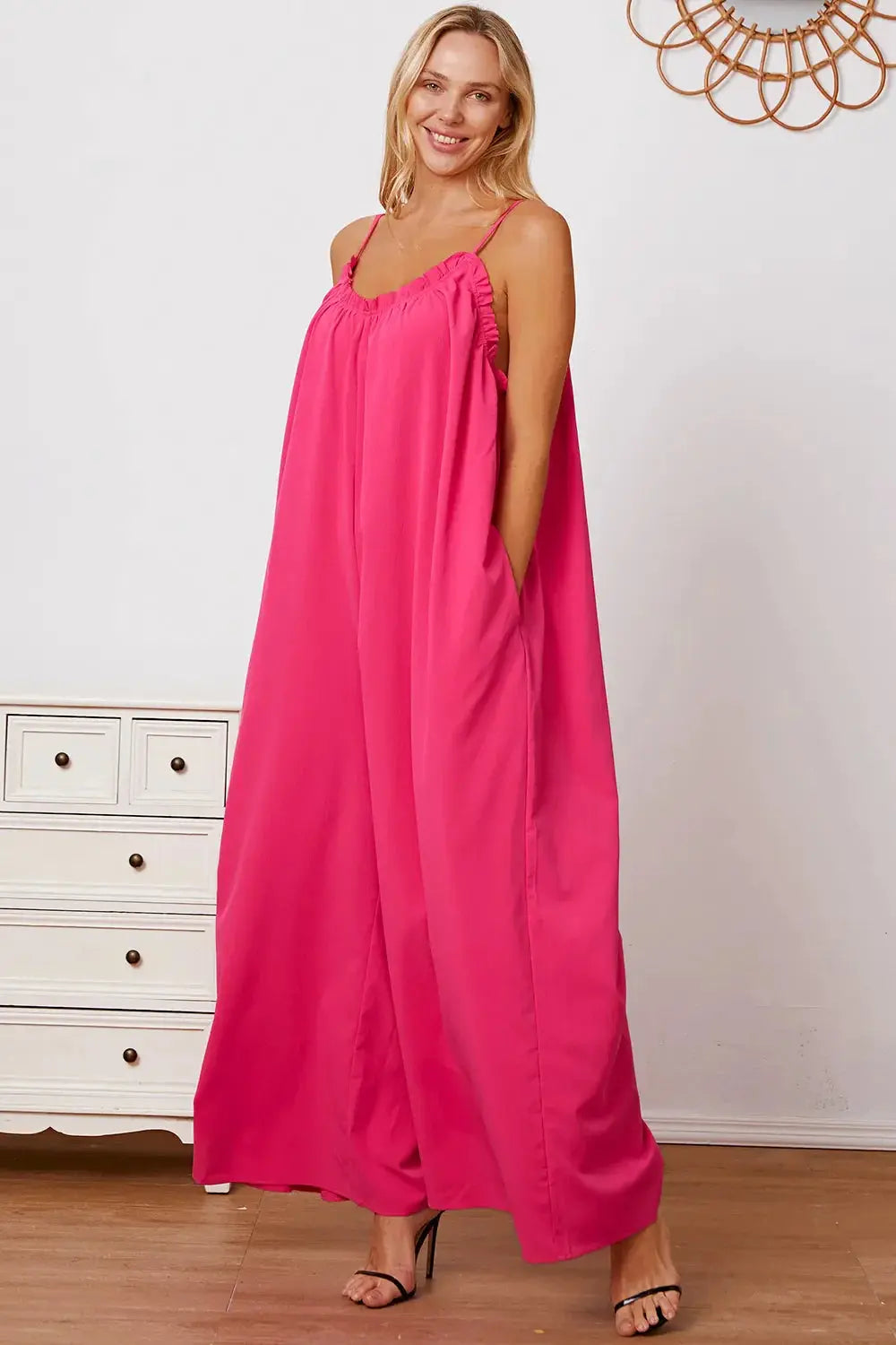 Double Take Full Size Ruffle Trim Tie Back Cami Jumpsuit with Pockets - Love Salve