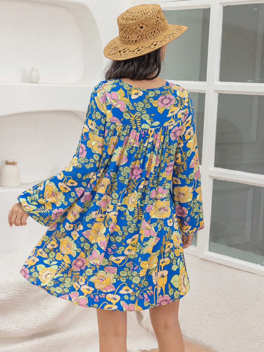 Printed V-Neck Balloon Sleeve Mini Dress.