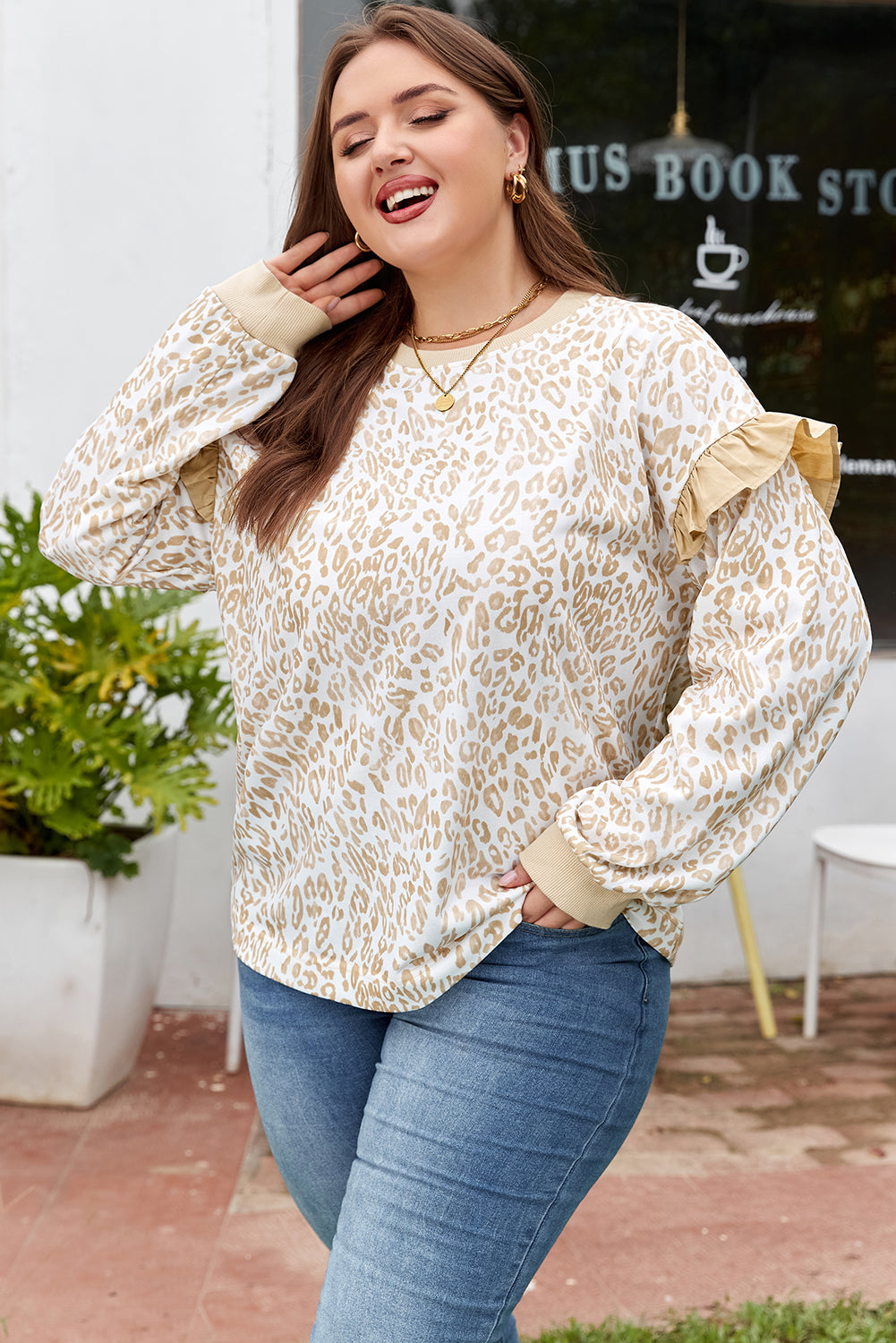 Khaki Plus Size Leopard Sweatshirt Ruffled Arm Sleeves Dear-Lover Dropshipping