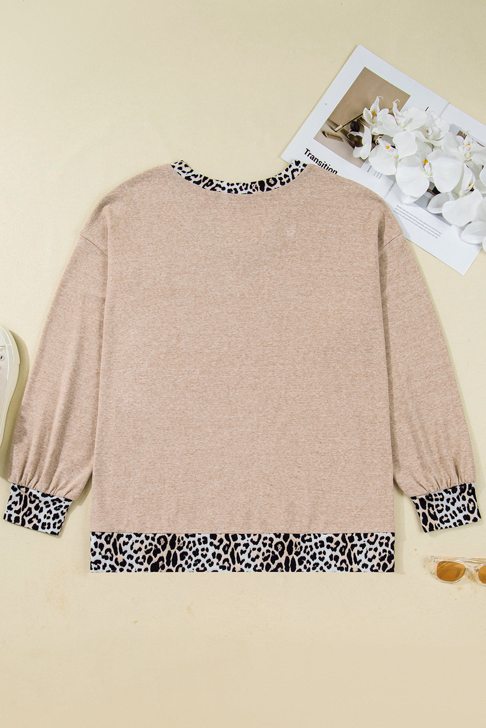 Parchment Leopard Patchwork V Neck Long Sleeve Plus Size Top Dear-Lover Dropshipping