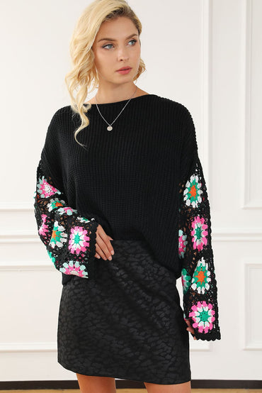 Crochet Round Neck Long Sleeve Knit Top.