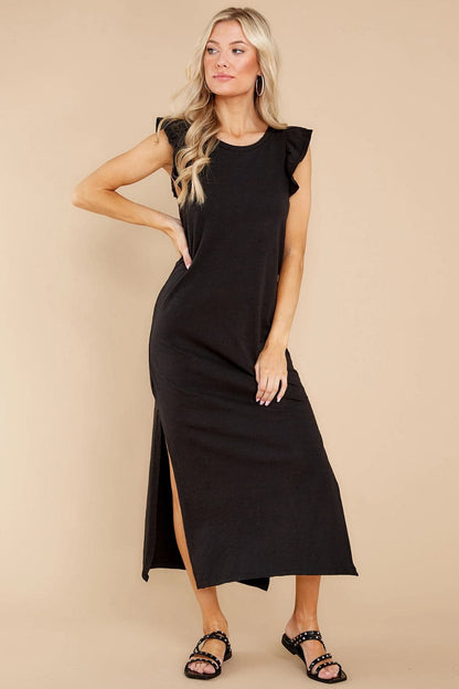 Ruffled Slit Round Neck Cap Sleeve Dress.