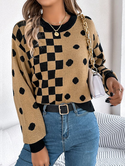 Plaid Round Neck Long Sleeve Sweater.