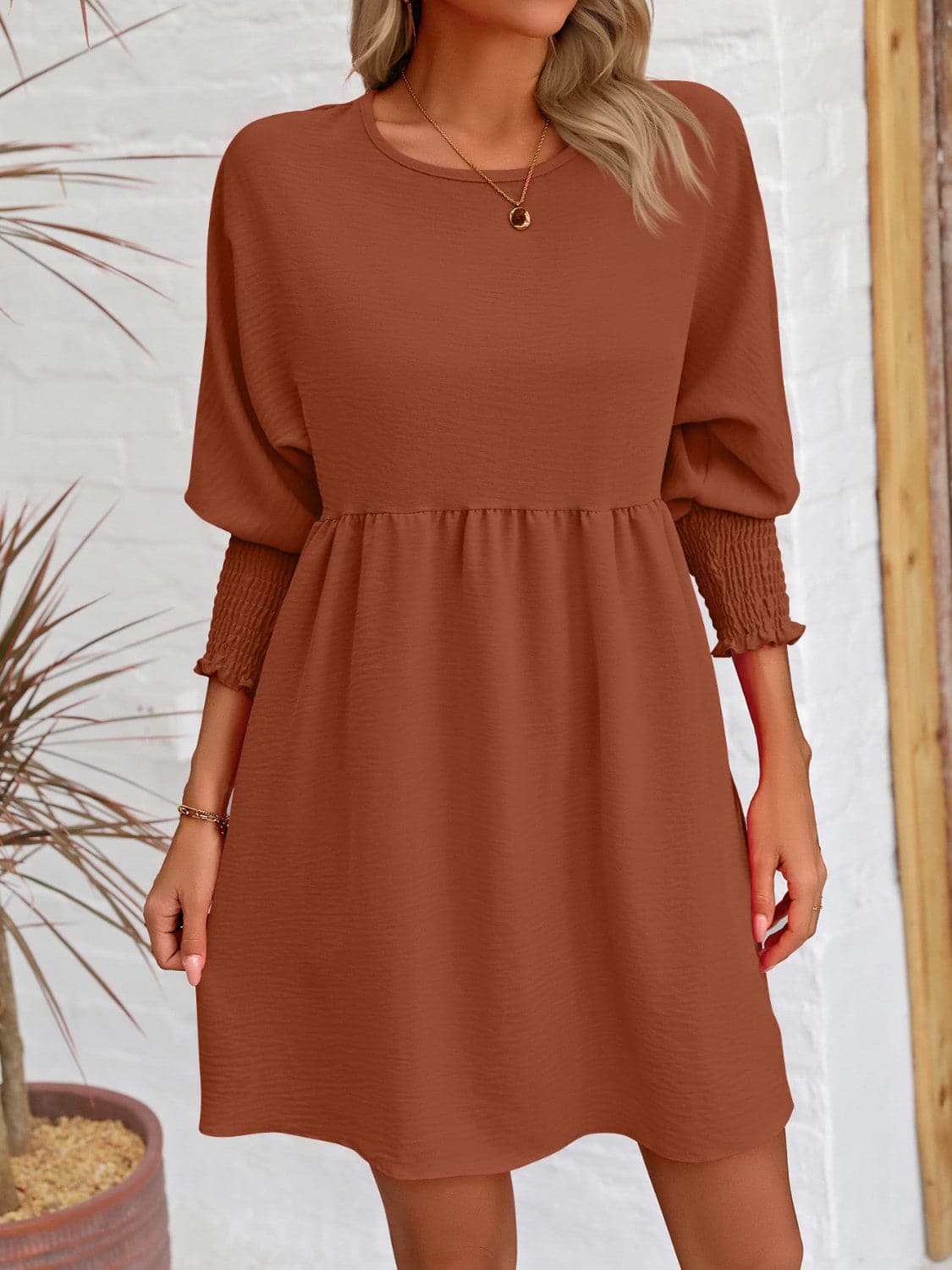 Round Neck Lantern Sleeve Mini DressFeatures: Basic style
Sheer: Opaque
Stretch: Slightly stretchy
Body: Not lined
Material composition: 100% polyester
Care instructions: Machine wash cold. Tumble dry Love Salve Round Neck Lantern Sleeve Mini Dress