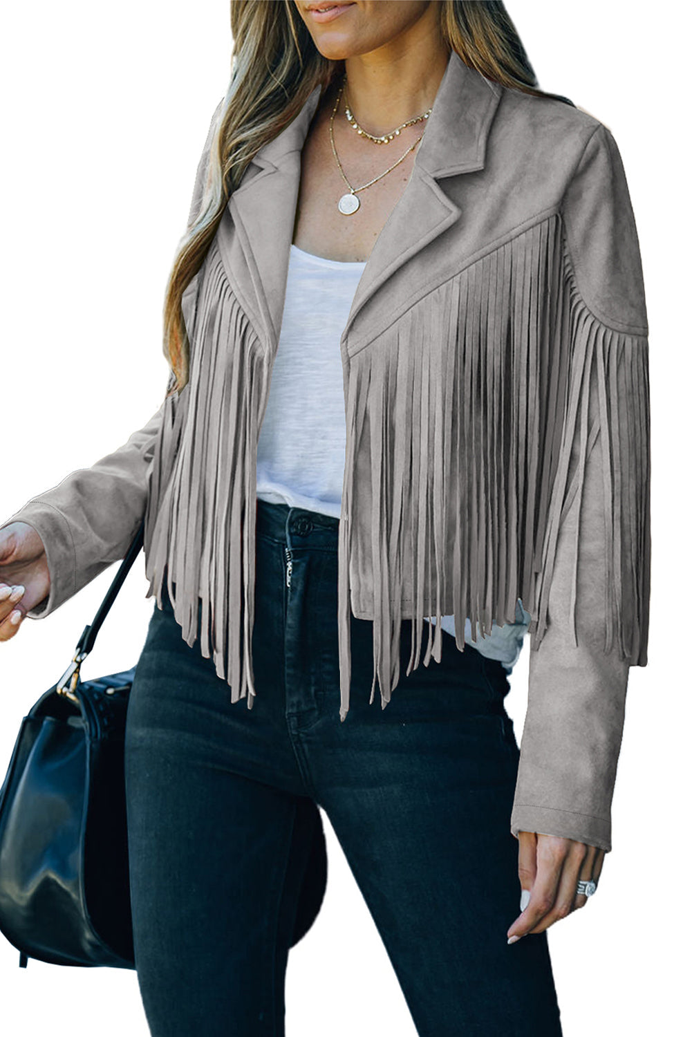 Gray Cropped Fringe Faux Suede Jacket For Women Lightweight Casual Dear-Lover Dropshipping