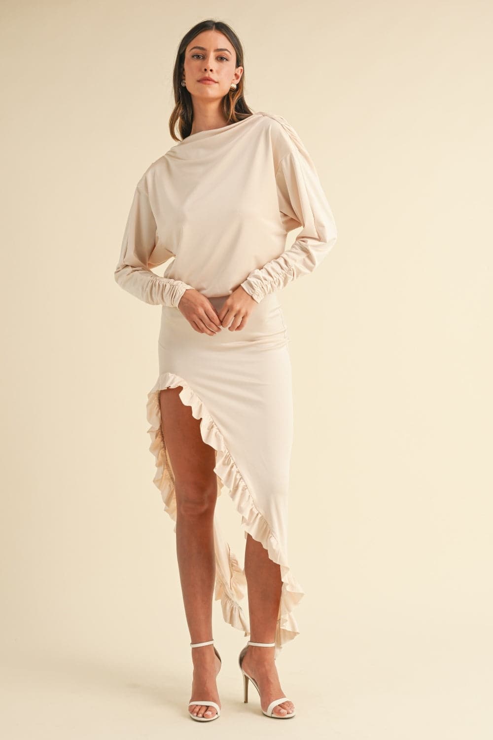 Backless asymmetrical ruffle hem maxi dress