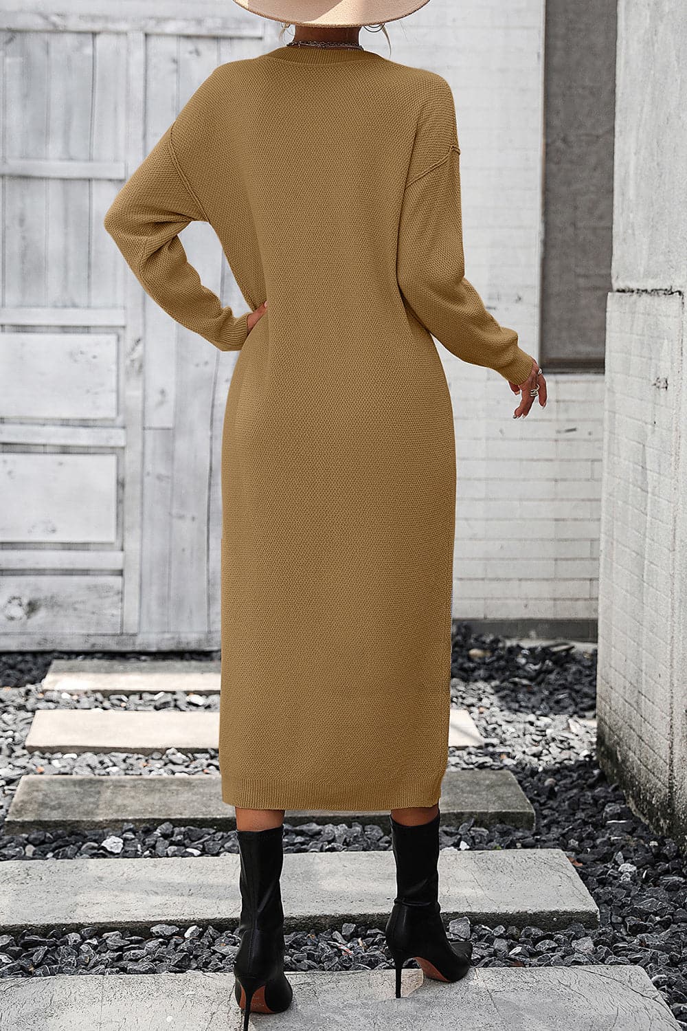 Decorative Button Notched Dropped Shoulder Sweater Dress.