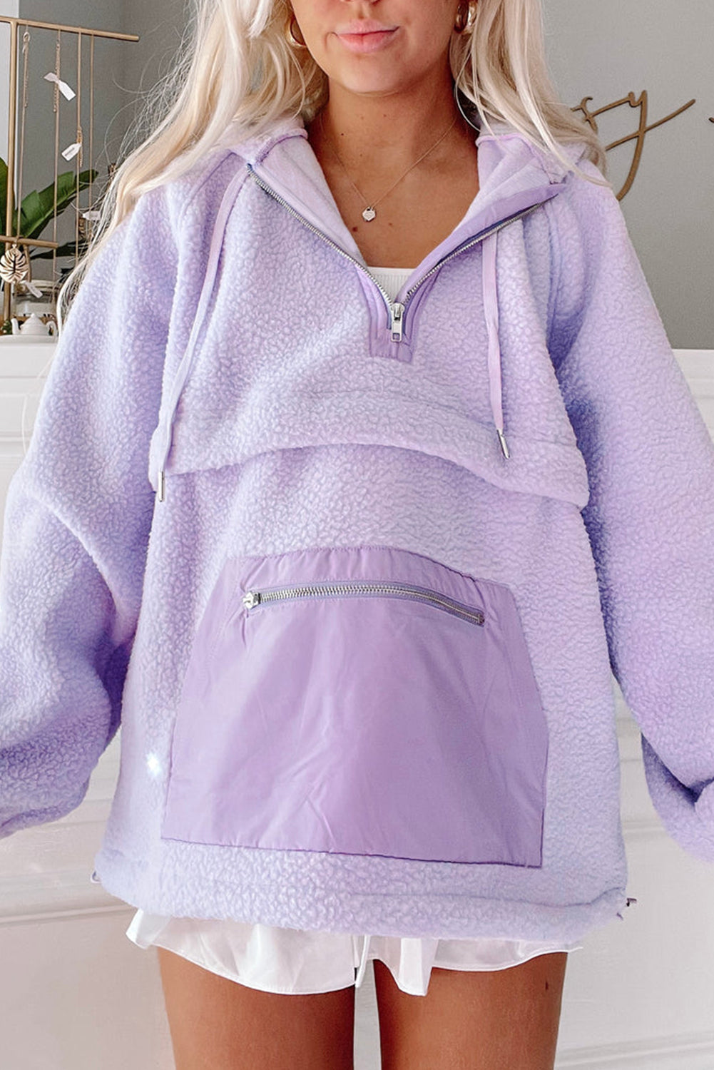 Cozy Lavendula fuzzy drawstring hoodie with zipped pocket