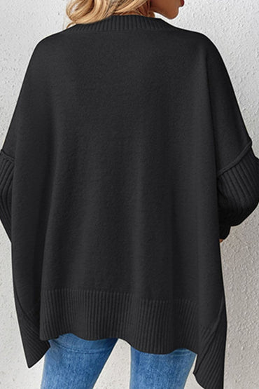 Slit V-Neck Dropped Shoulder Sweater.