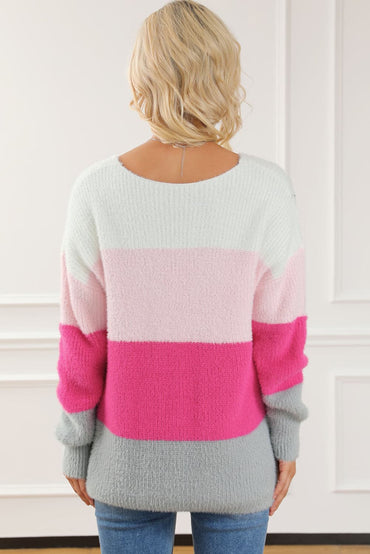 Color Block V-Neck Dropped Shoulder Sweater.