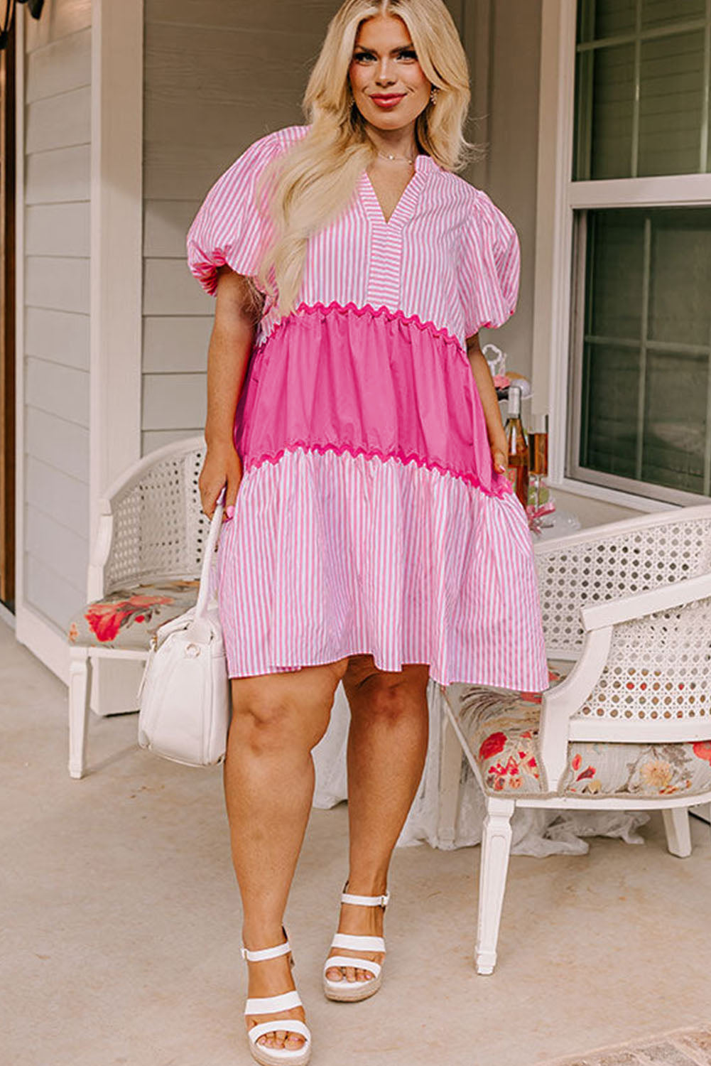 Chic pink striped block puff sleeve plus size dress