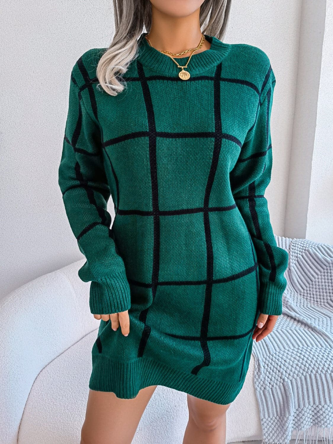 Plaid Round Neck Dropped Shoulder Sweater Dress.