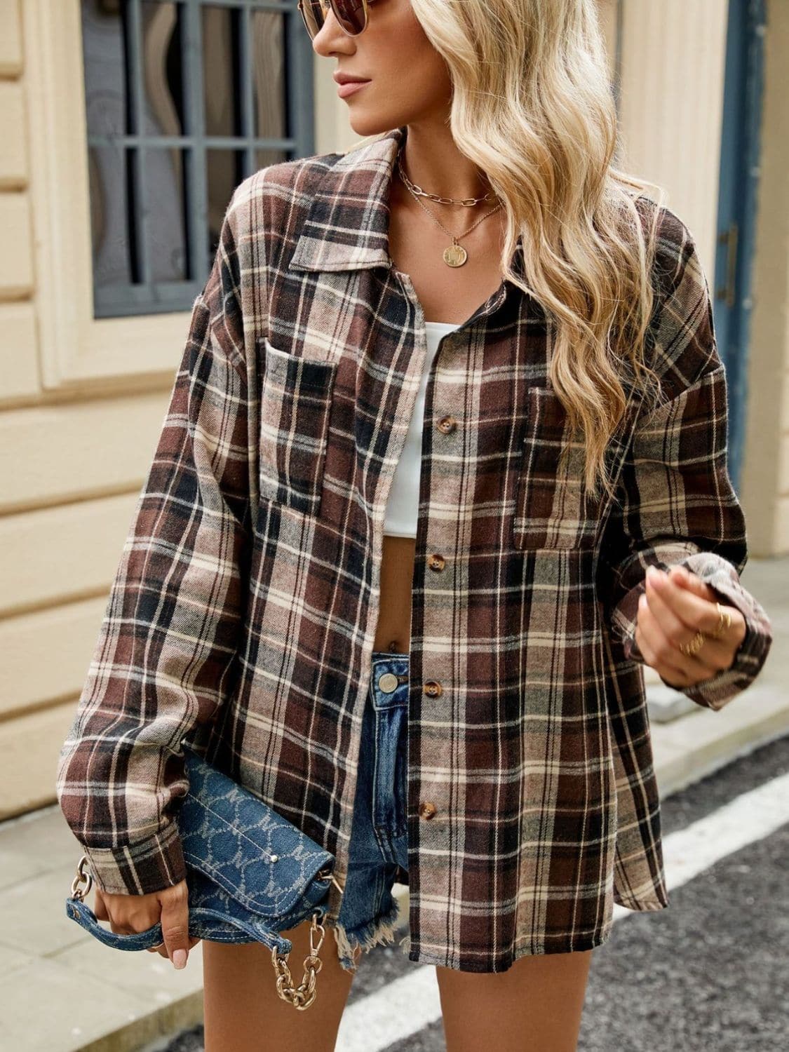 Plaid Collared Neck Long Sleeve Shirt.