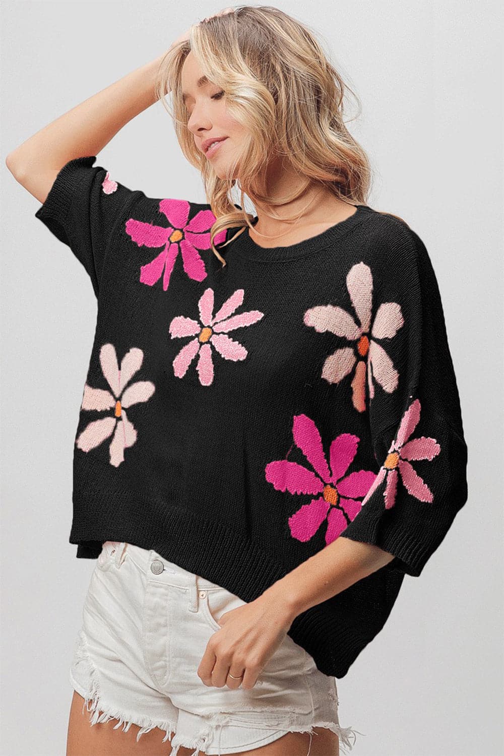 BiBi Floral Pattern Cropped Sweater.