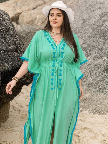 Plus Size Tied Fringe V-Neck Half Sleeve Dress.