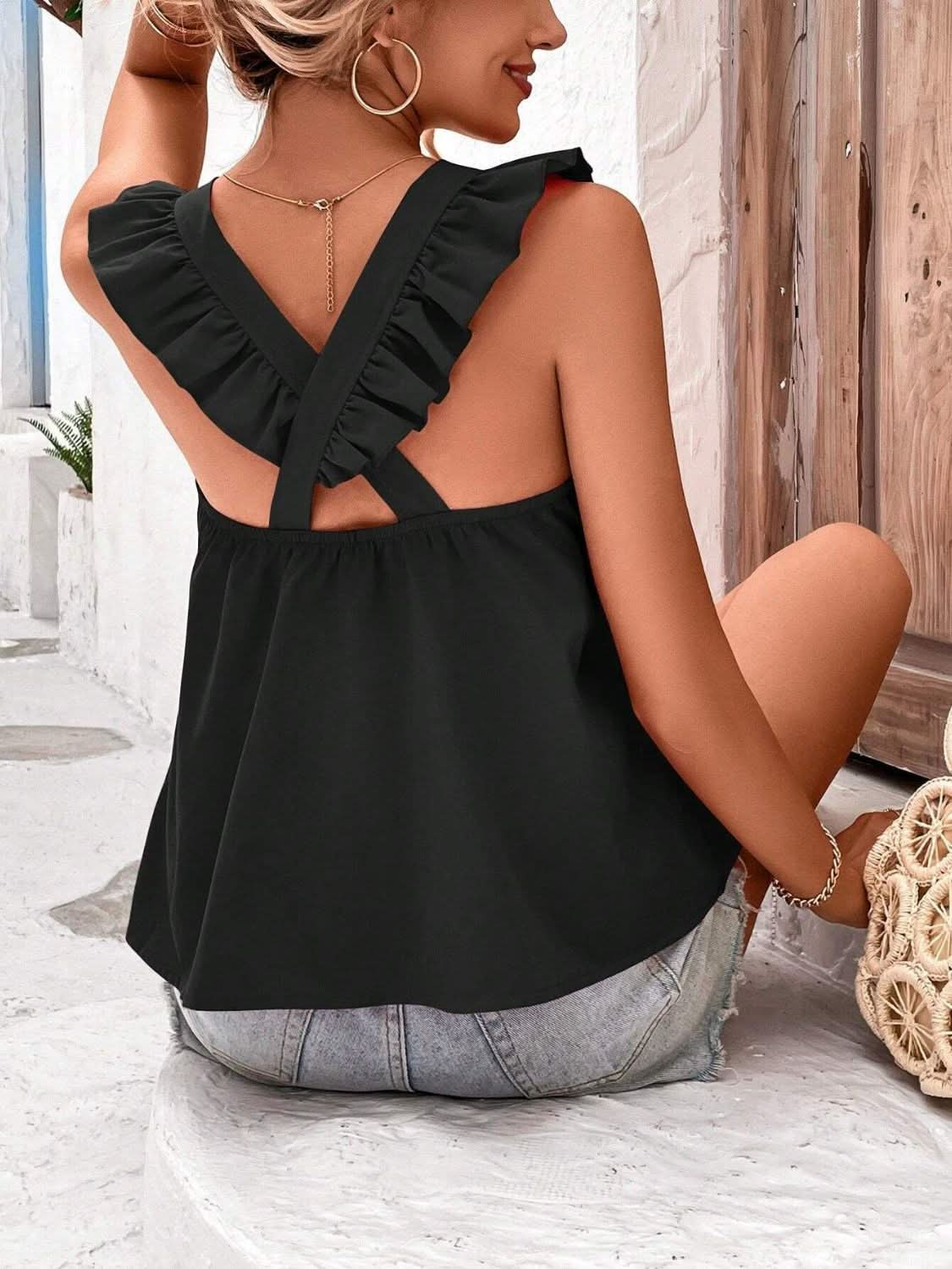 Ruffled Cap Sleeve Blouse with Crisscross Back