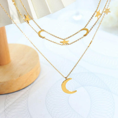 Star & Moon Titanium Steel Layered Necklace.