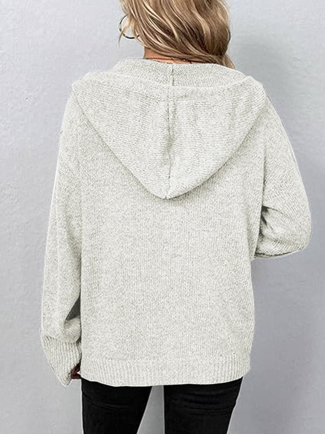 Button Up Drawstring Long Sleeve Hooded Cardigan.