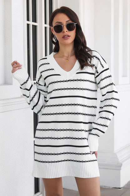 Striped V-Neck Sweater Dress.