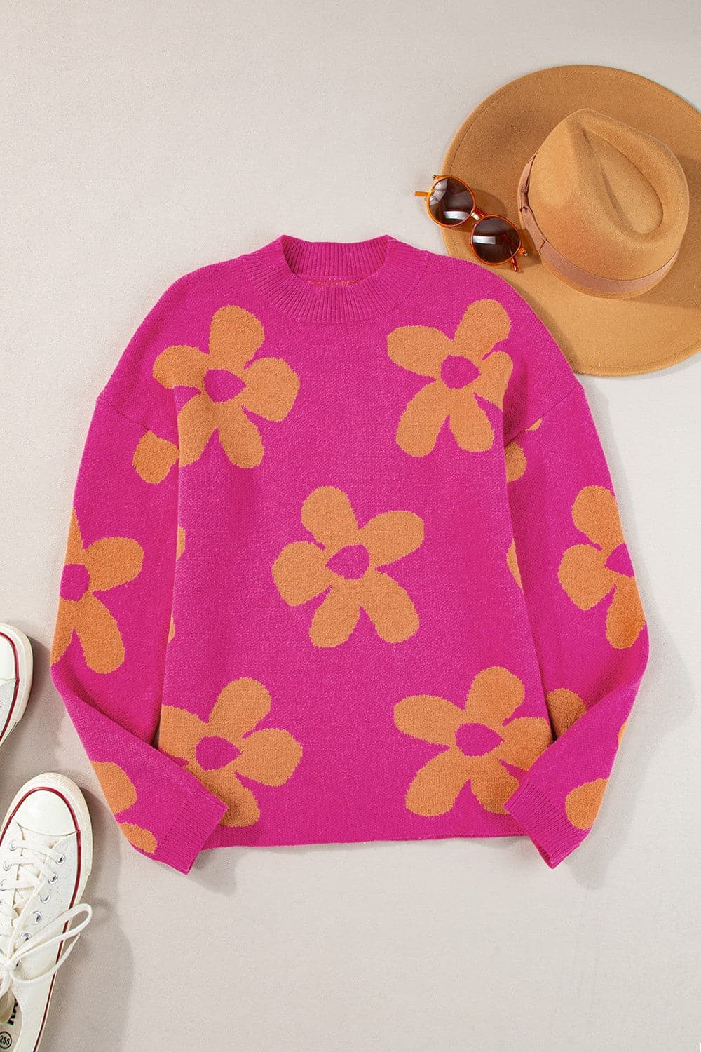 Flower Round Neck Long Sleeve Sweater.