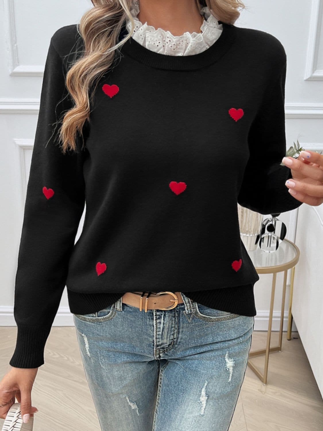 Lace Detail Heart Long Sleeve Sweater.