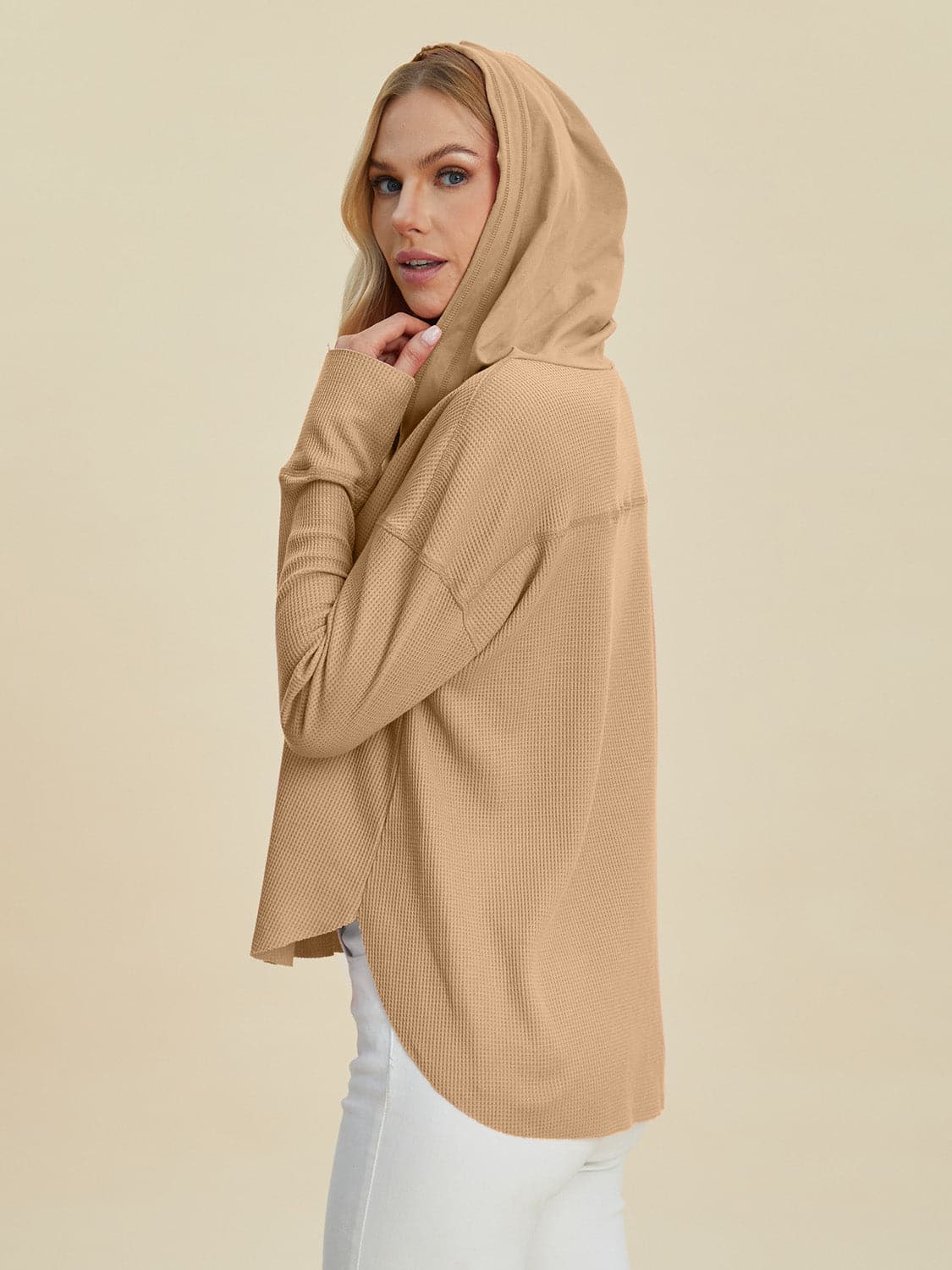 Double Take Full Size High-Low Dropped Shoulder Long Sleeve Hoodie.