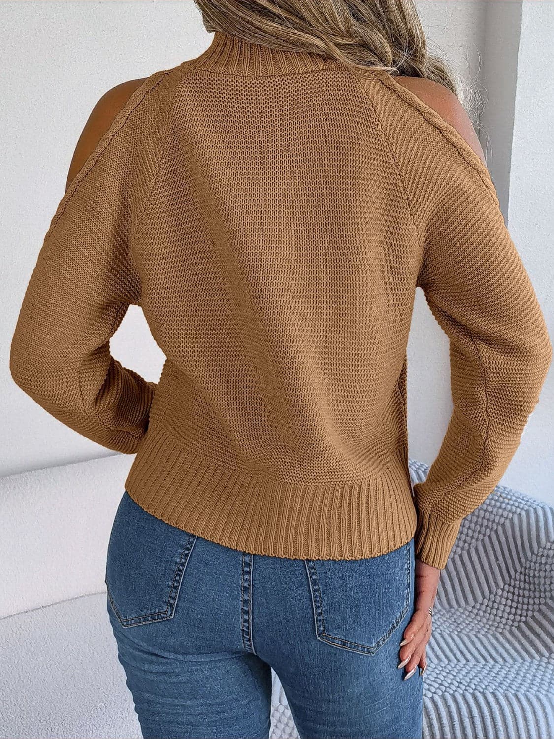 Cable-Knit Turtleneck Cold Shoulder Sweater.