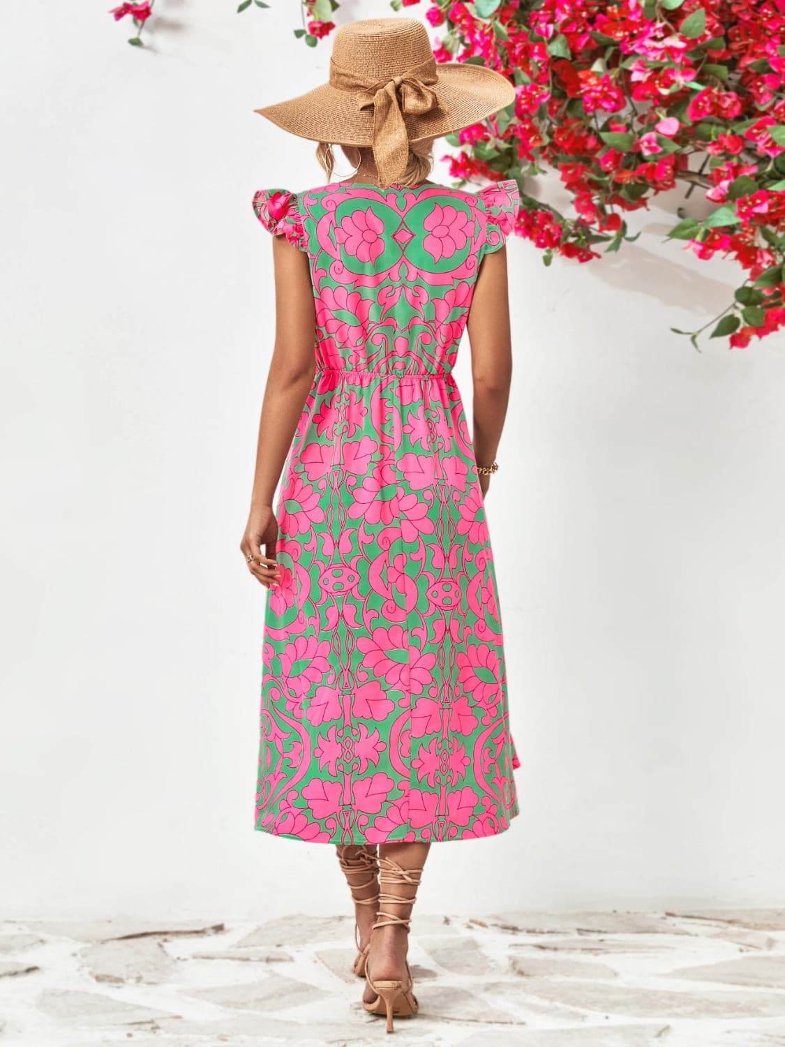 Printed V-Neck Cap Sleeve Dress.